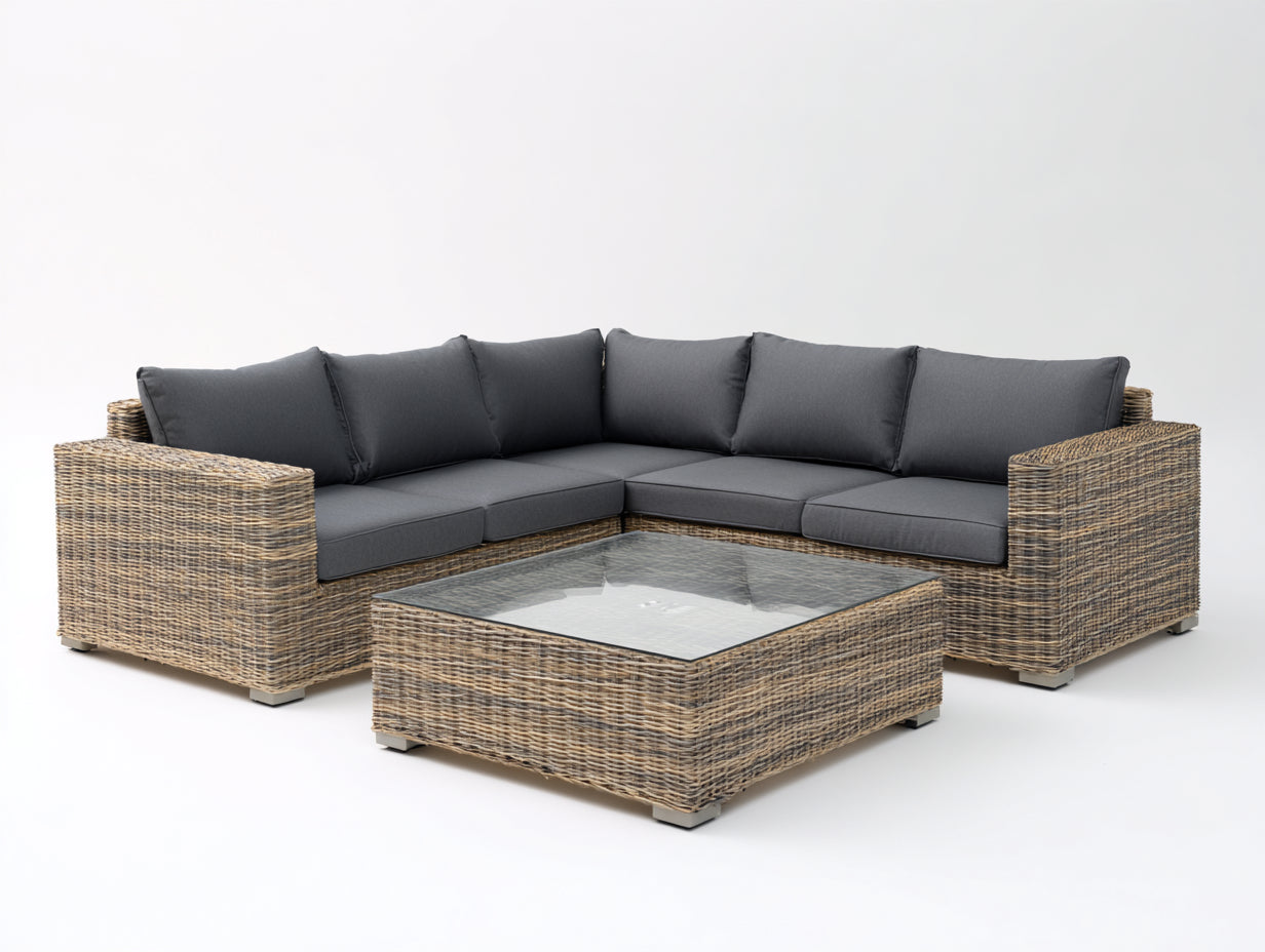 Sofás de exterior de ratán 245x245x82 cm gris-marrón - sofá esquinero cuadrado con mesa - estilo moderno