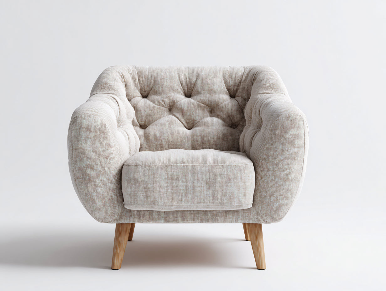 Sillón de tela capitoné y patas de madera 86x84x84 cm - Beige-Madera natural - Diseño clásico moderno