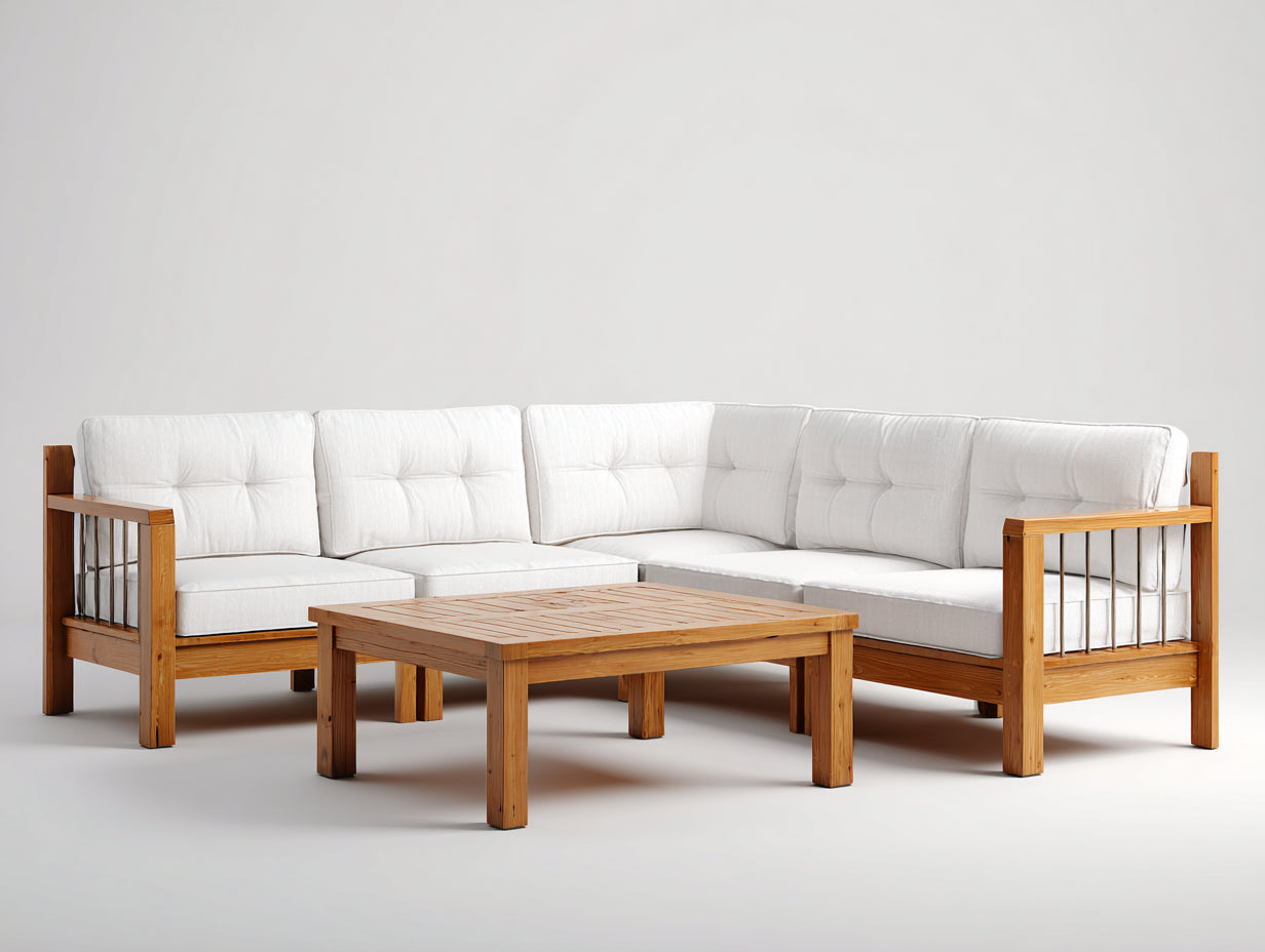 Sofás de exterior de madera 245x245x80 cm blanco-marrón - sofá esquinero cuadrado con mesa - estilo natural