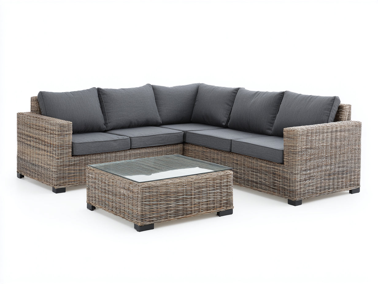 Sofás de exterior de ratán 250x250x72 cm - marrón natural-gris oscuro - diseño esquinero con mesa de centro