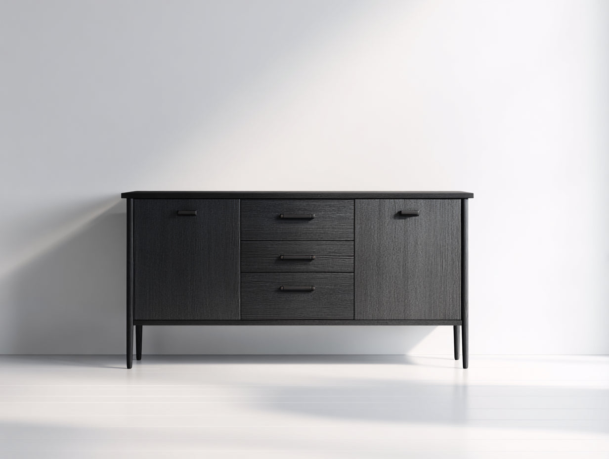 Mueble recibidor de madera 150x42x78 cm - negro carbón - estilo moderno con puertas y cajones