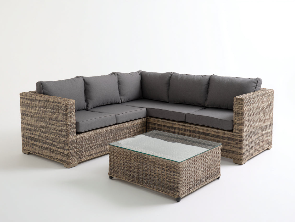 Sofás de exterior de ratán sintético y vidrio templado 280x280x78 cm - Beige-Gris oscuro - Diseño contemporáneo