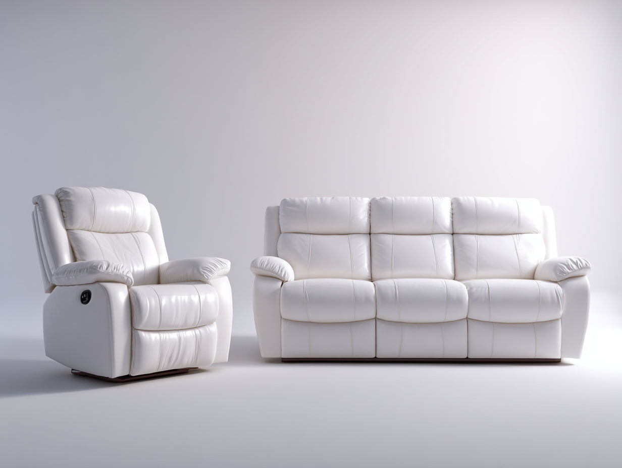 Conjunto de sofás reclinables de piel sintética 200x95x100 cm blanco - sofá 3 plazas y sillón individual - estilo moderno