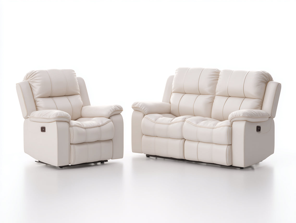 Conjunto de sofás reclinables de cuero sintético 250x95x102 cm - Blanco crema - Diseño clásico