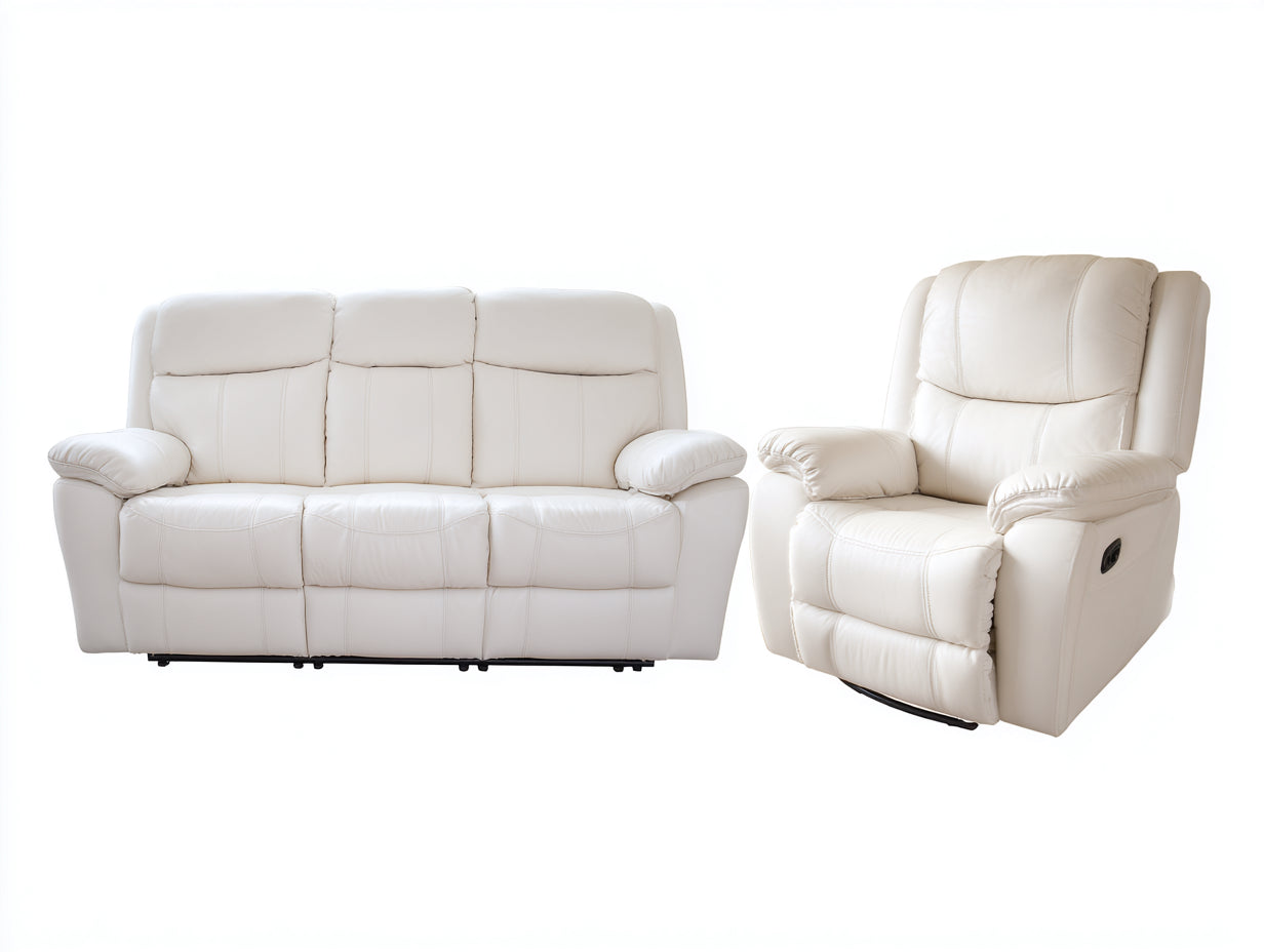 Conjunto de sofás reclinables de piel sintética 205x92x98 cm - blanco marfil - diseño acolchado para salón