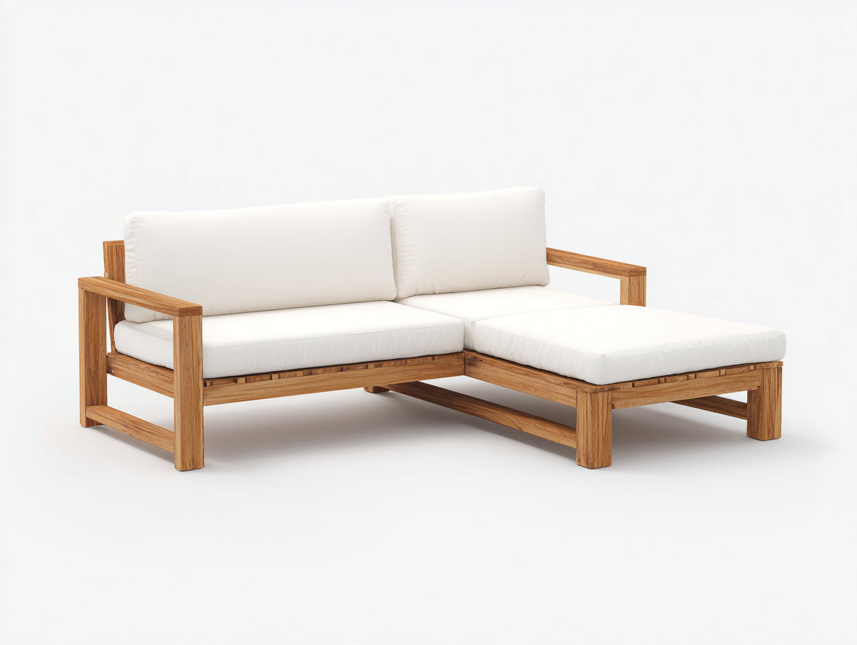 Sofás de exterior de madera 240x160x72 cm - madera natural-blanco - diseño con chaise longue
