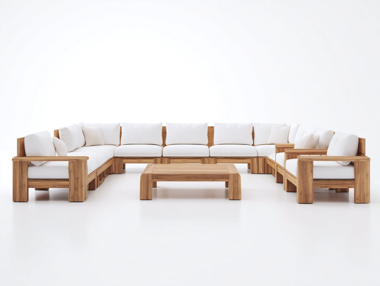 Sofás de exterior de madera 360x260x75 cm - madera natural-blanco - diseño en forma de U con 2 sillones y mesa de centro
