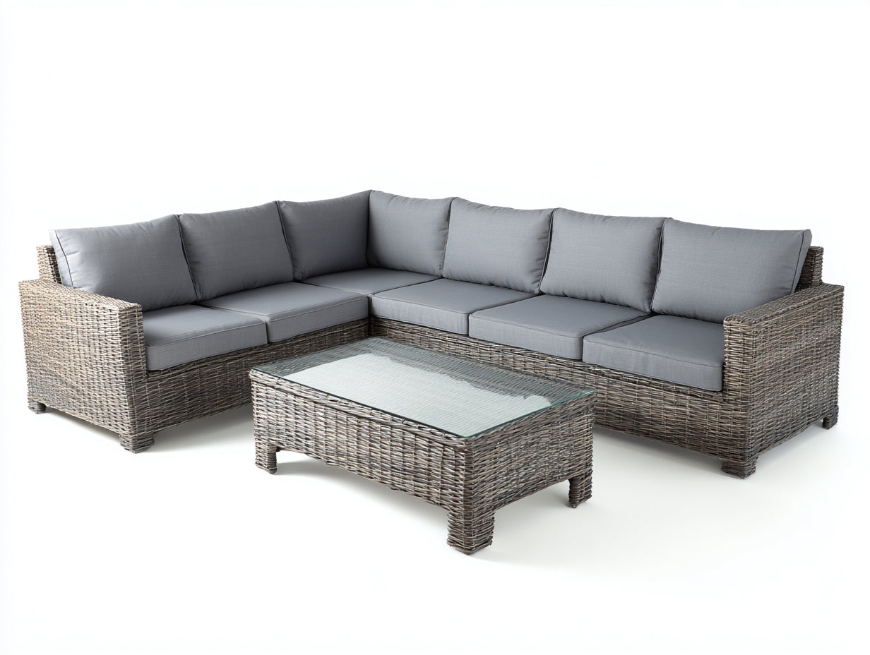 Sofás de exterior de ratán 260x200x78 cm gris - conjunto esquinero con mesa - estilo moderno