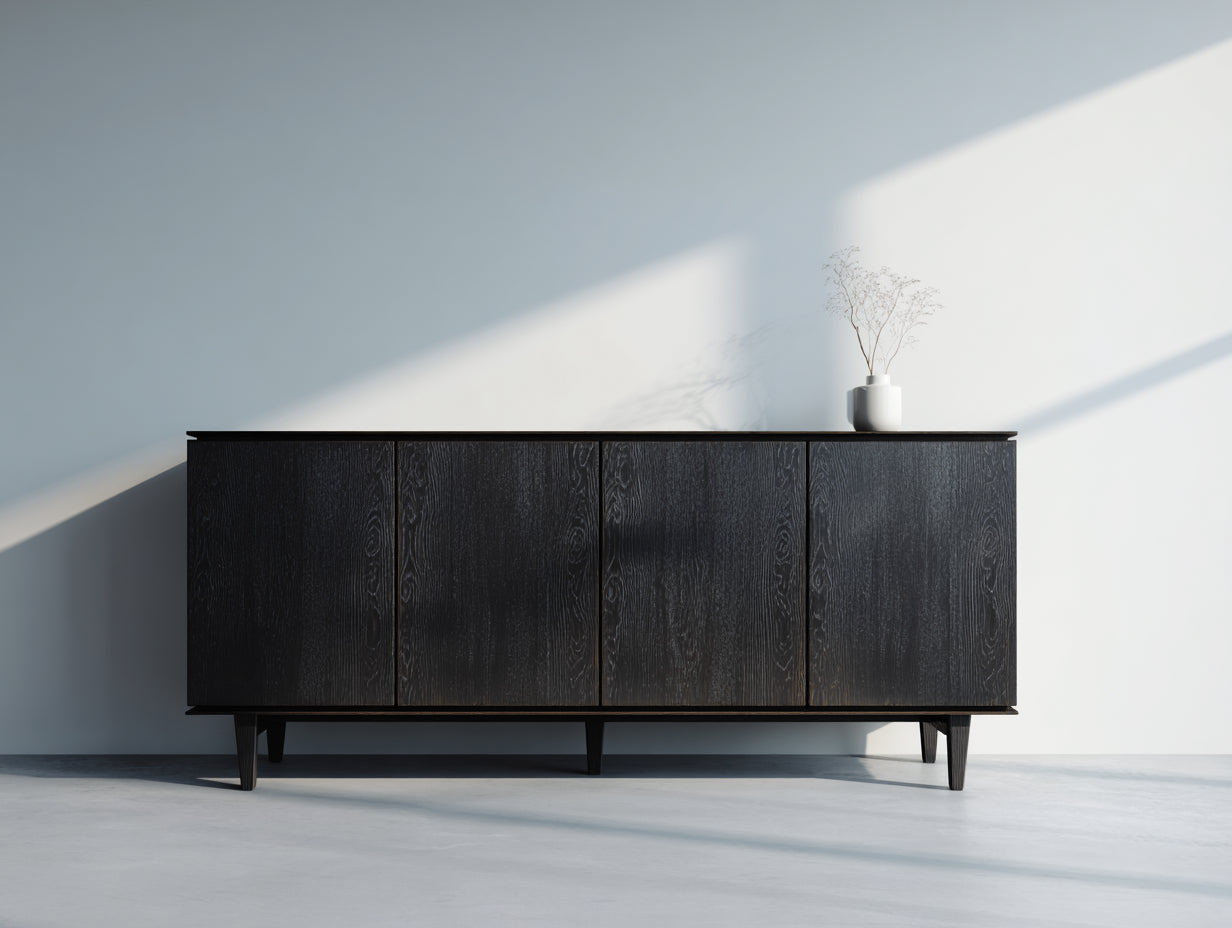 Mueble recibidor de madera 180x42x76 cm - negro carbón - estilo moderno con cuatro puertas