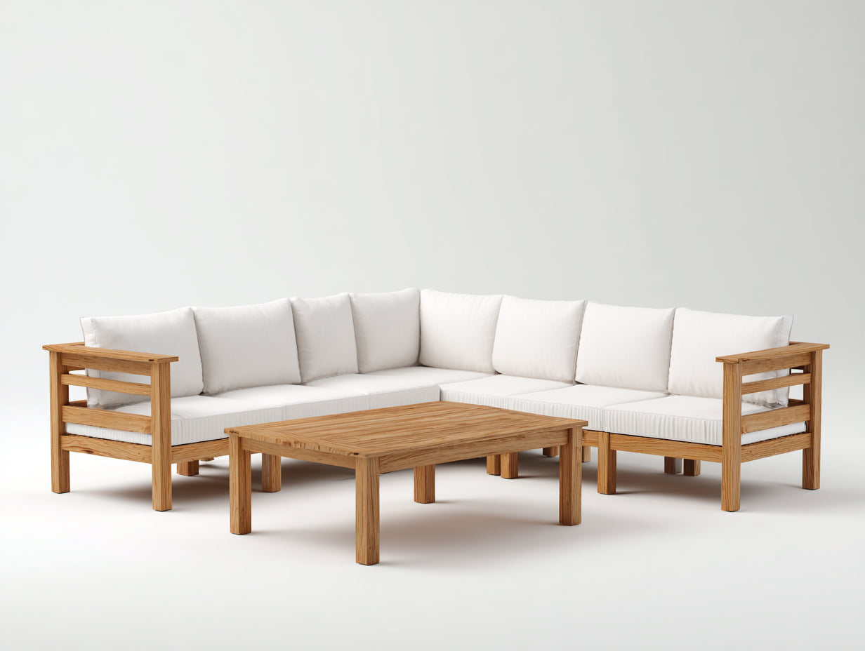 Sofás de exterior de madera 260x260x72 cm - madera natural-blanco - diseño cuadrado con mesa de centro