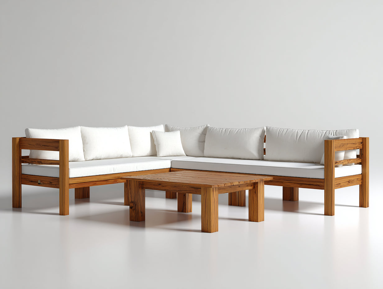 Sofás de exterior de madera maciza 295x295x76 cm - Madera natural-Blanco - Diseño mediterráneo